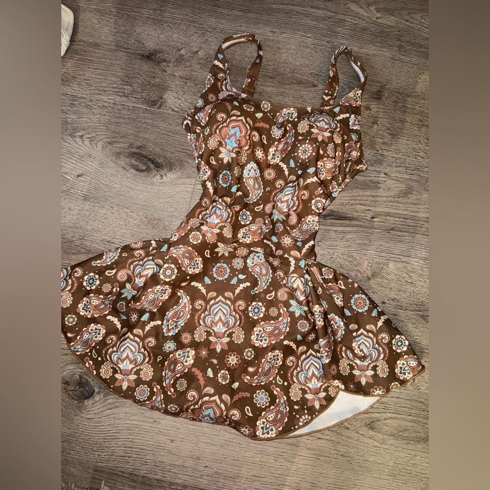 Brown and blue paisley print summer swimsuit MINI DRESS